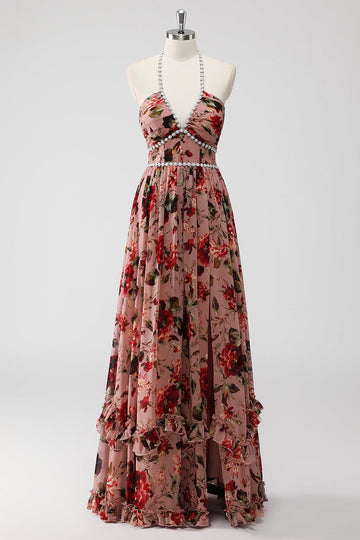 Dusty Rose Halter Flowers A Line Wedding Guest Dress with Slit